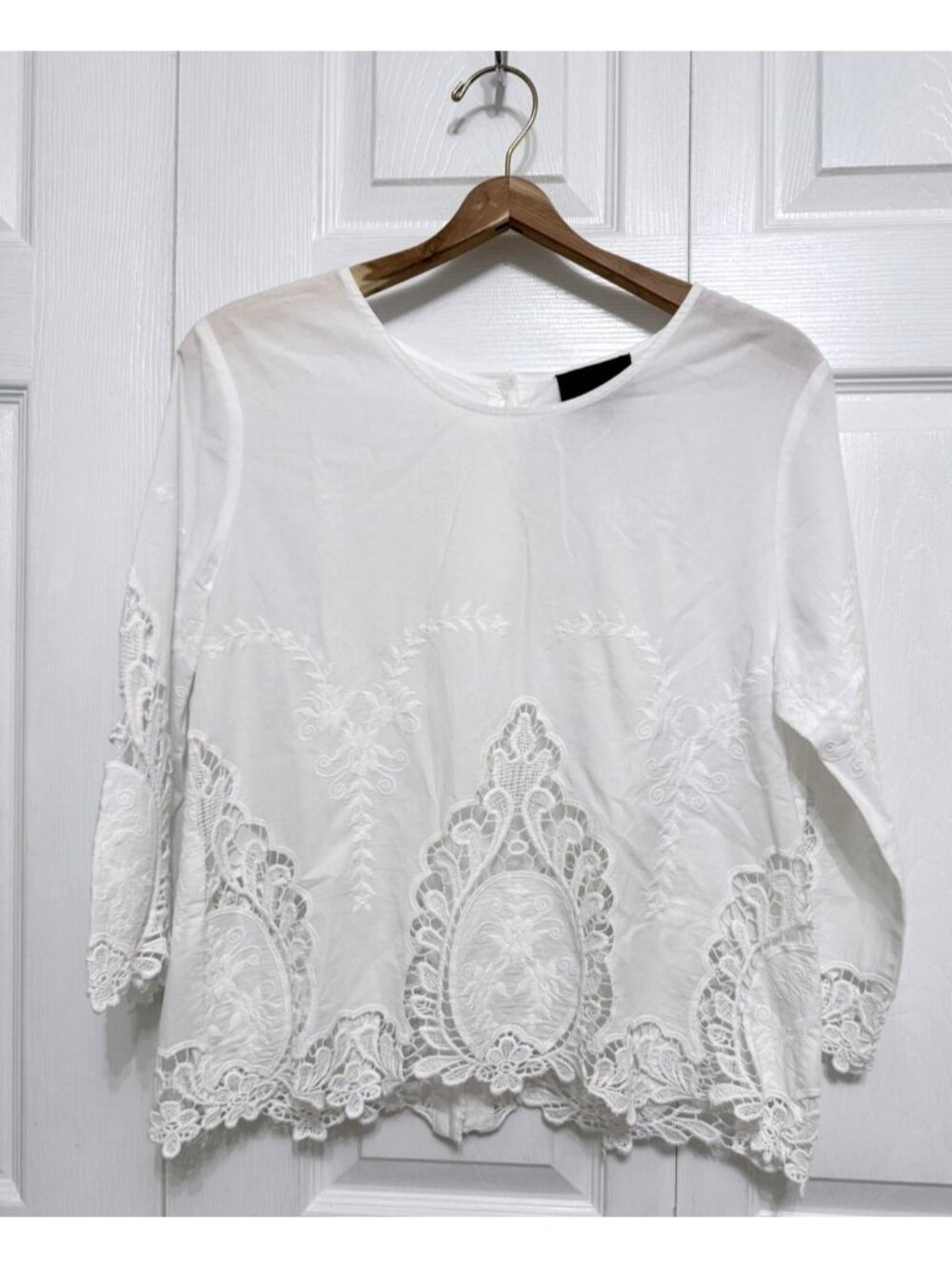 Cynthia Rowley Women's White 100% Cotton Embroidered Lace 3/4 Sleeve Blouse M